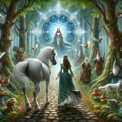 Mystical woman with white horse in enchanted forest